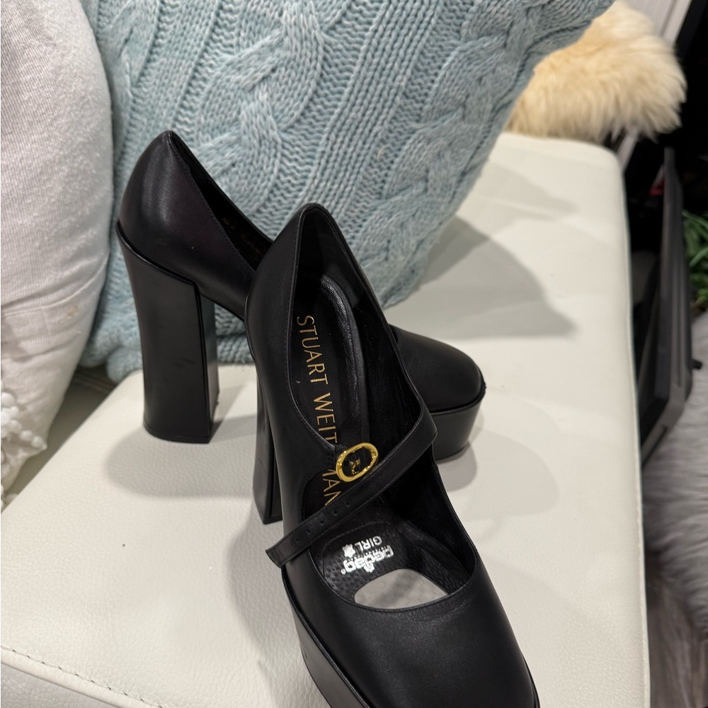 Stuart Weitzman Black Leather Mary Jane Platform Pumps with Gold Buckle